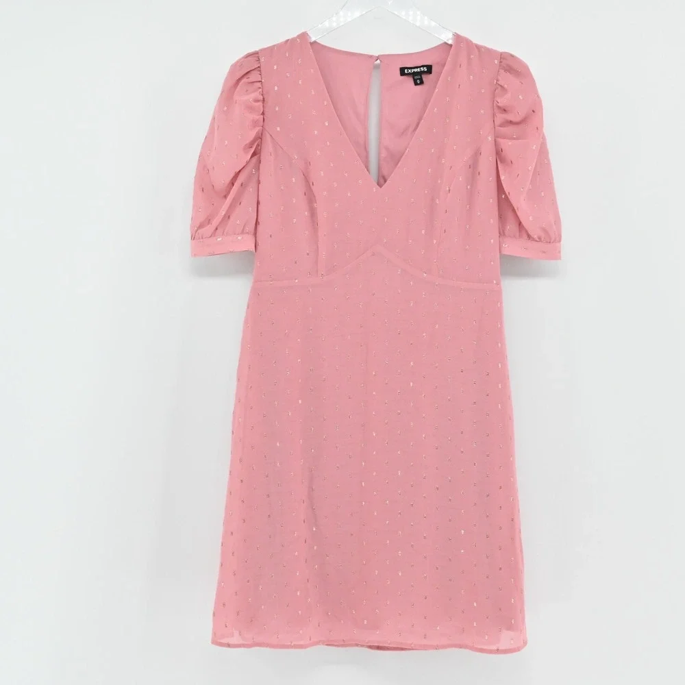 Express Metallic Clip Dot Dress Sz M Pink Gold Puff Sleeve Coquette Ballet Retro - Picture 2 of 12